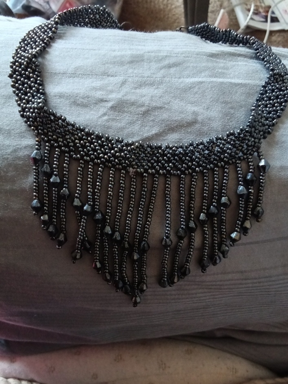 Statement Black Beaded Fringe Necklace